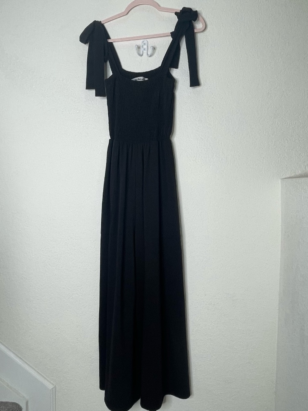 Three Bird Nest Black Wide Leg Jumpsuit Small Smocked Tie Strap Boho Festival